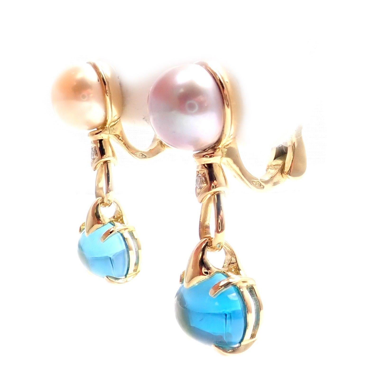 Women's or Men's Bulgari Allegra Diamond Akoya Pearl Blue Topaz Yellow Gold Earrings