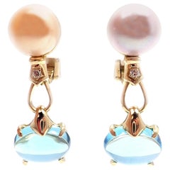 Bulgari - Allegra - Boucles d'oreilles en or jaune avec diamant:: perle d'Akoya et topaze bleue