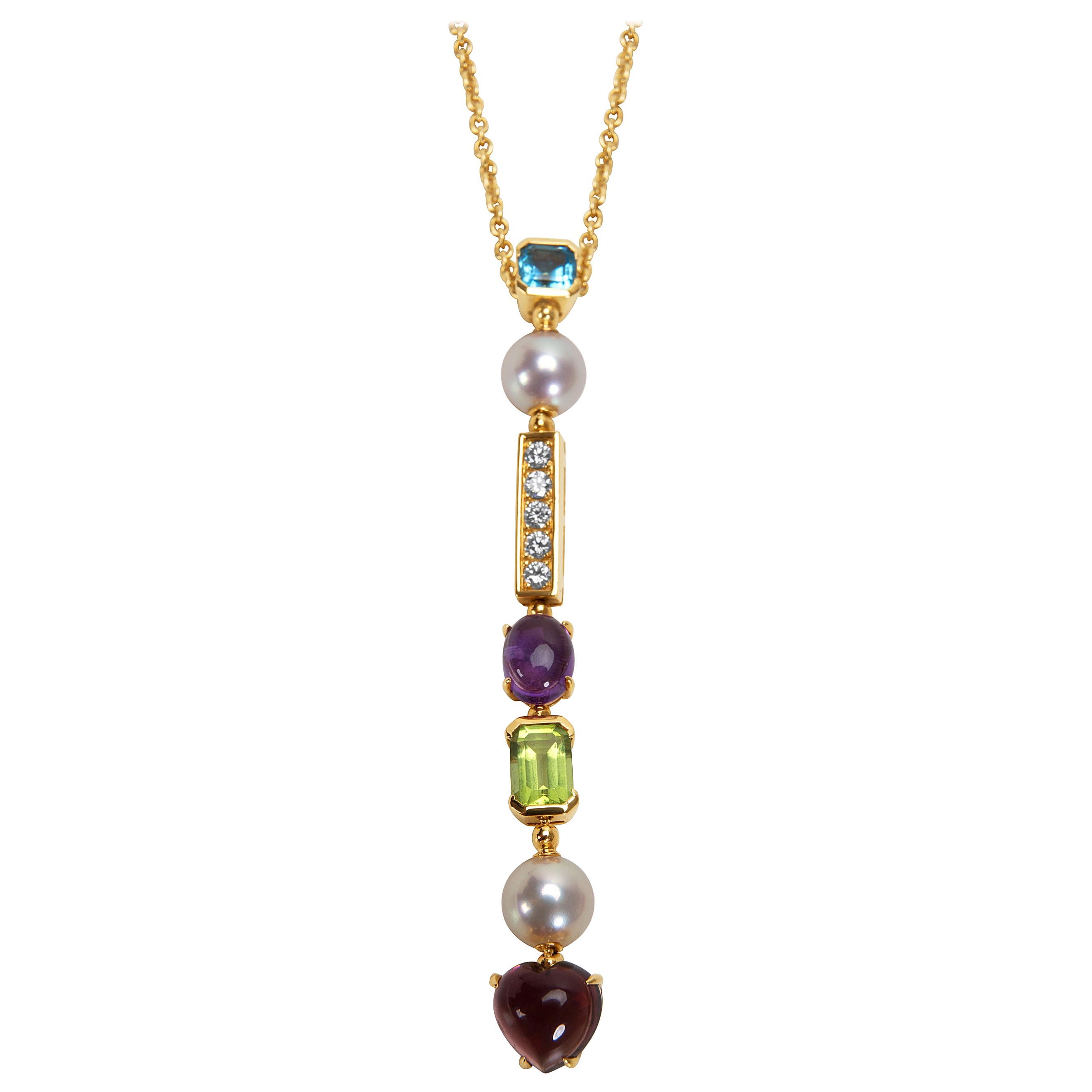 Bulgari Allegra Drop Necklace with Diamonds & Multi Colored Gemstones 0.35ctw