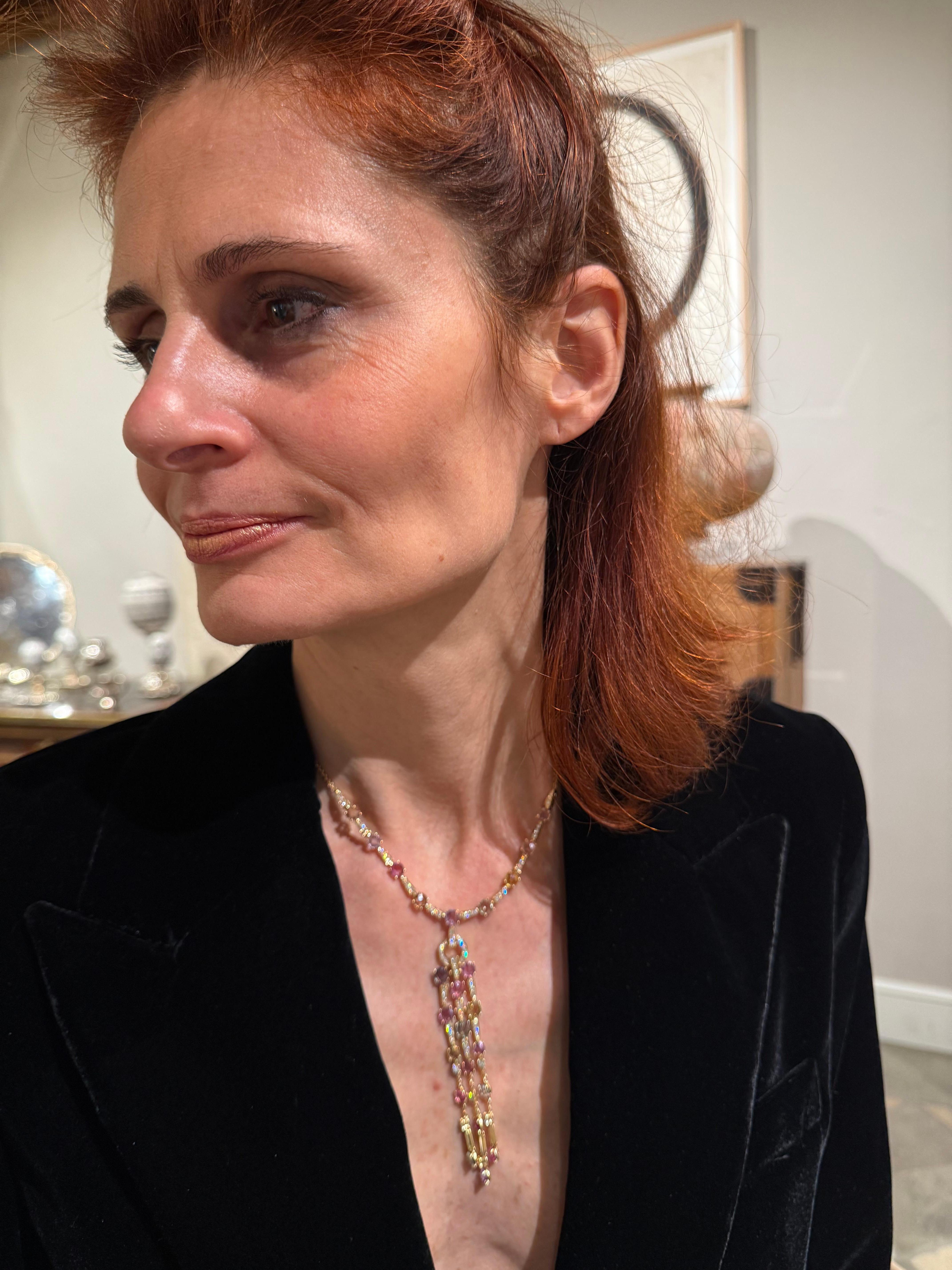Bulgari certified 18 karat yellow gold necklace set with 25 Fancy color Sapphires, round double rose cut weighing approximately 11.20 carats in total, 7 round brilliant cut diamonds weighing approximately total 0.55 carats,F-G color, VVS-VS clarity