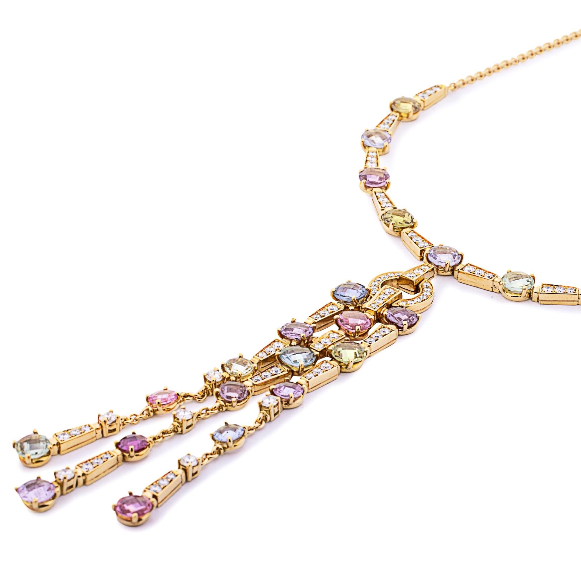 Donna Bulgari Allegra Fancy Color Sapphires Diamond 18 Karat Yellow Gold Necklace in vendita