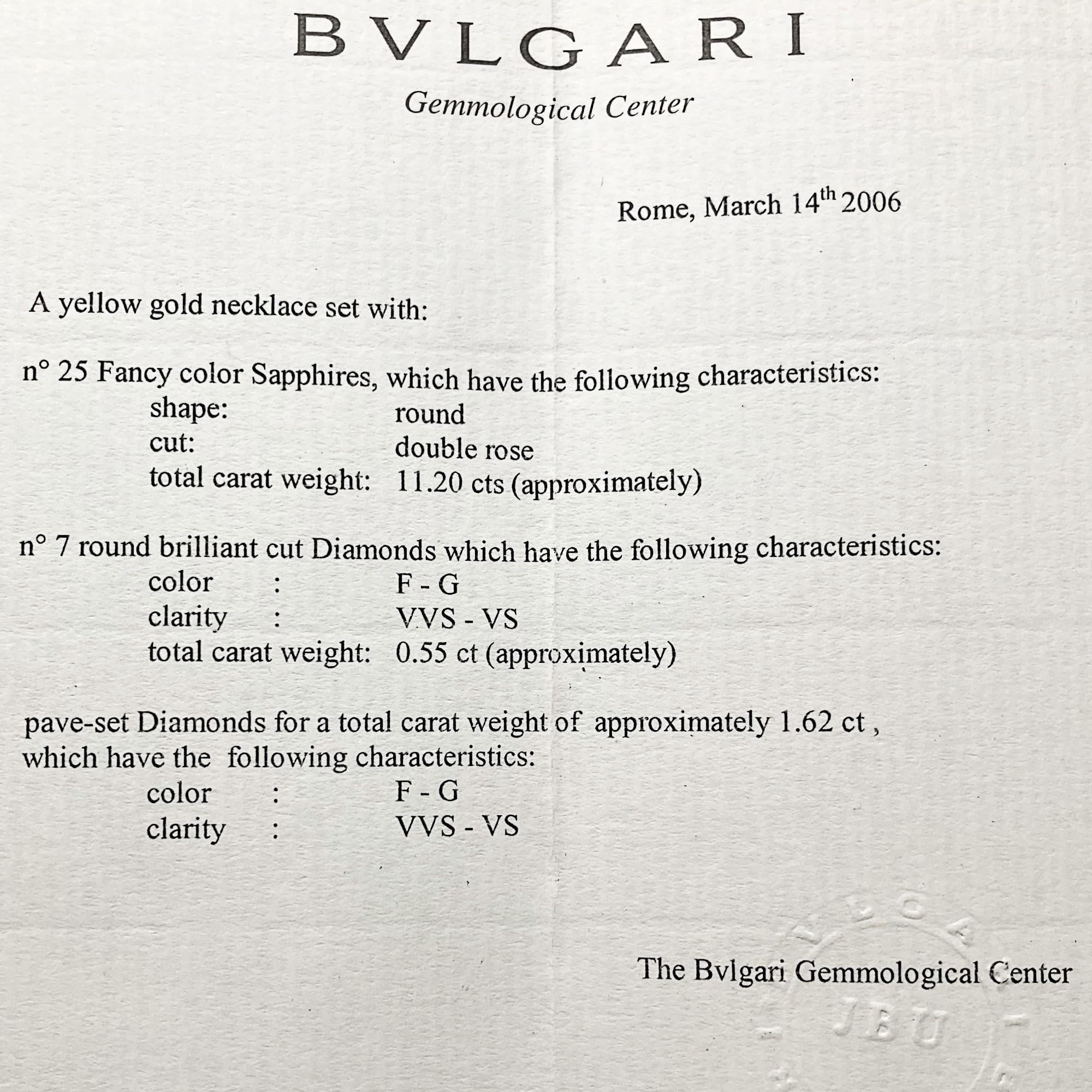 Bulgari Allegra Fancy Color Sapphires Diamond 18 Karat Yellow Gold Necklace in vendita 4