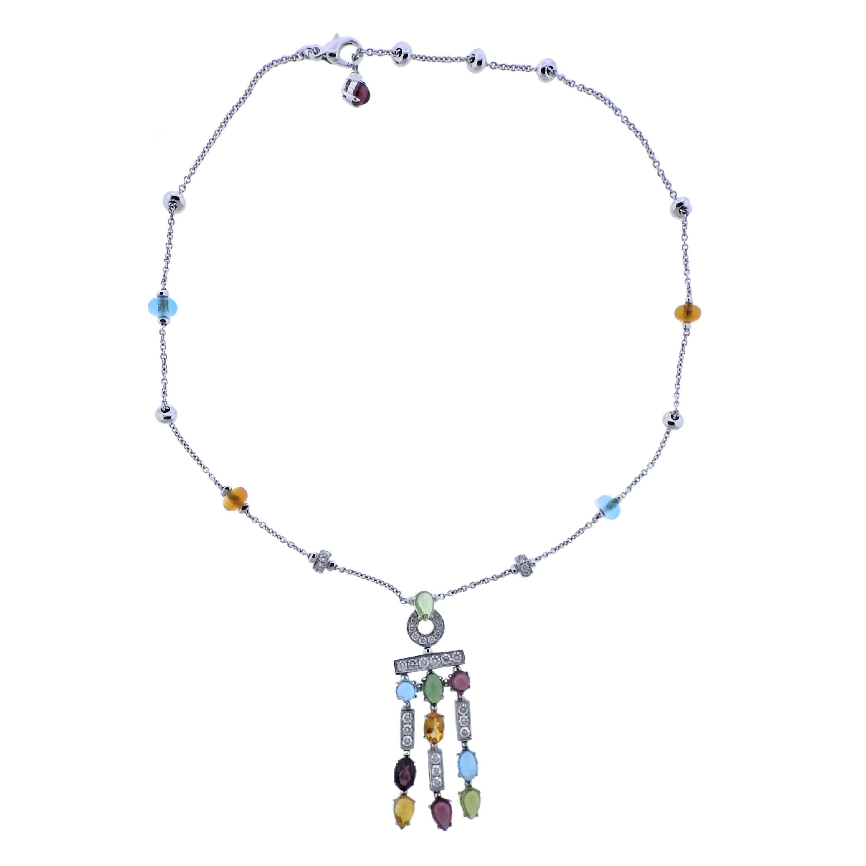 18k white gold pendant necklace by Bulgari from Allegra collection, adorned with multi color semi precious gemstones and approx. 1.40ctw in diamonds. Retail $25000. Necklace measures 17