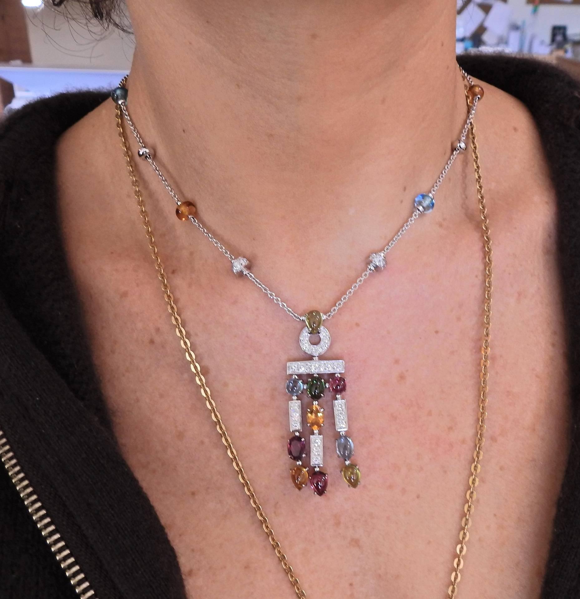 Bulgari Allegra Multi Gemstone Diamond Gold Pendant Necklace In Excellent Condition In Lambertville, NJ