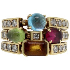 Vintage Bulgari Allegra Three-Row Multi-Stone Wide Ring 18 Karat in Stock