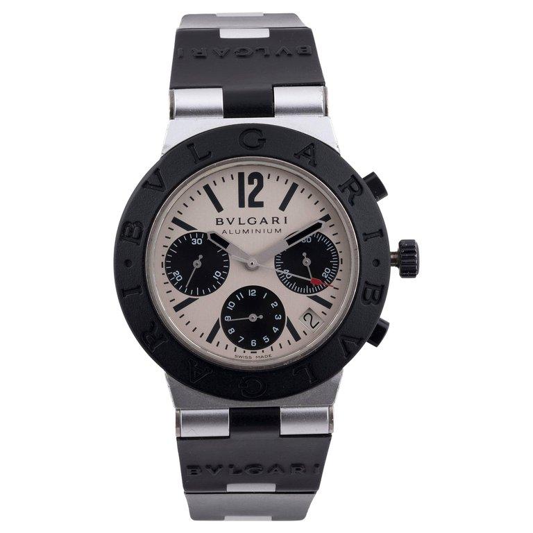 BERNARDO ANTICHITÀ PONTE VECCHIO FLORENCE

BULGARI - a gentleman's Aluminum chronograph wrist watch. Aluminum case with black rubber bezel. Reference AC38TA, serial L4412. Signed automatic movement with quick date set. Silvered dial with baton hour