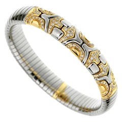 Bulgari Alveare Diamond Stainless Steel Gold Cuff Bracelet