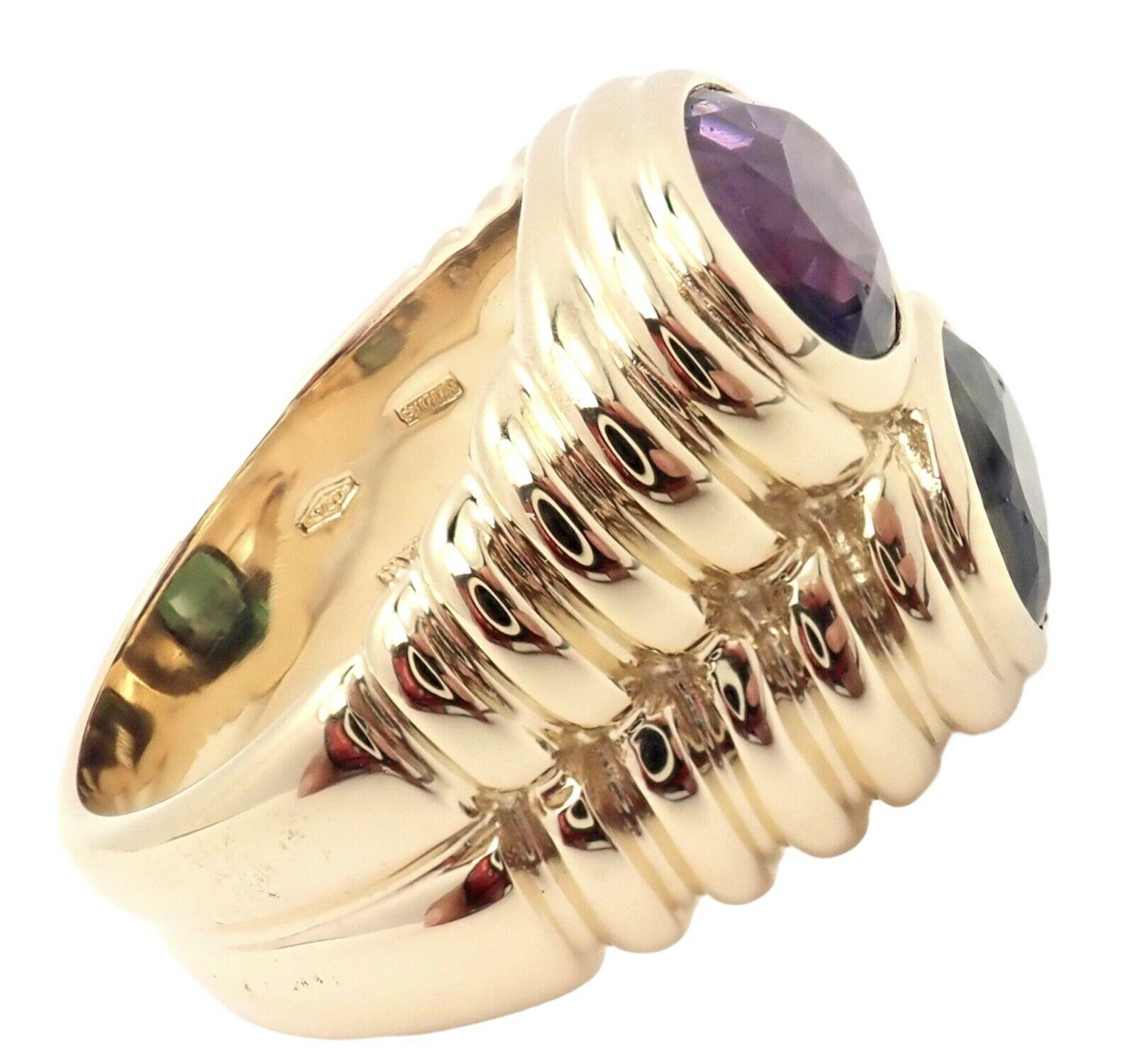 Bulgari Amethyst and Green Tourmaline Twin Doppio Yellow Gold Ring In Excellent Condition In Holland, PA