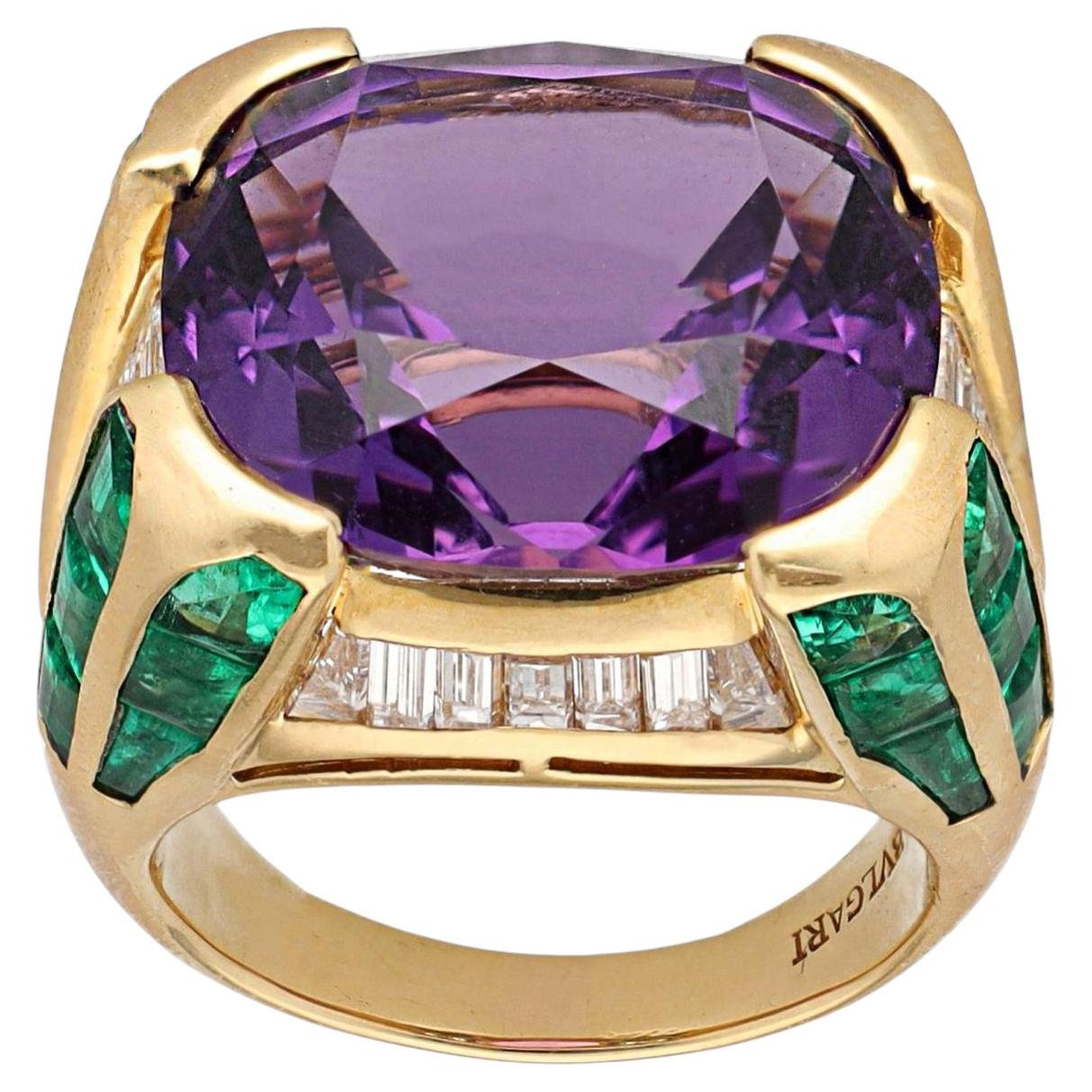 BULGARI Amethyst, Emerald & Diamond ‘Carré’ Cocktail Ring For Sale