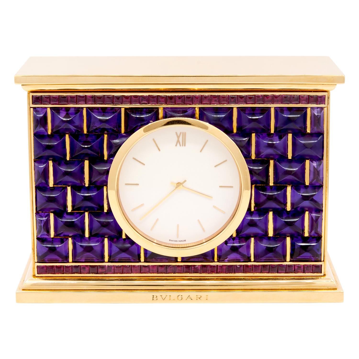 Bulgari Rome 1980s Cabochon Amethyst Ruby 18Carat Gold Iconic Style Desk Clock For Sale