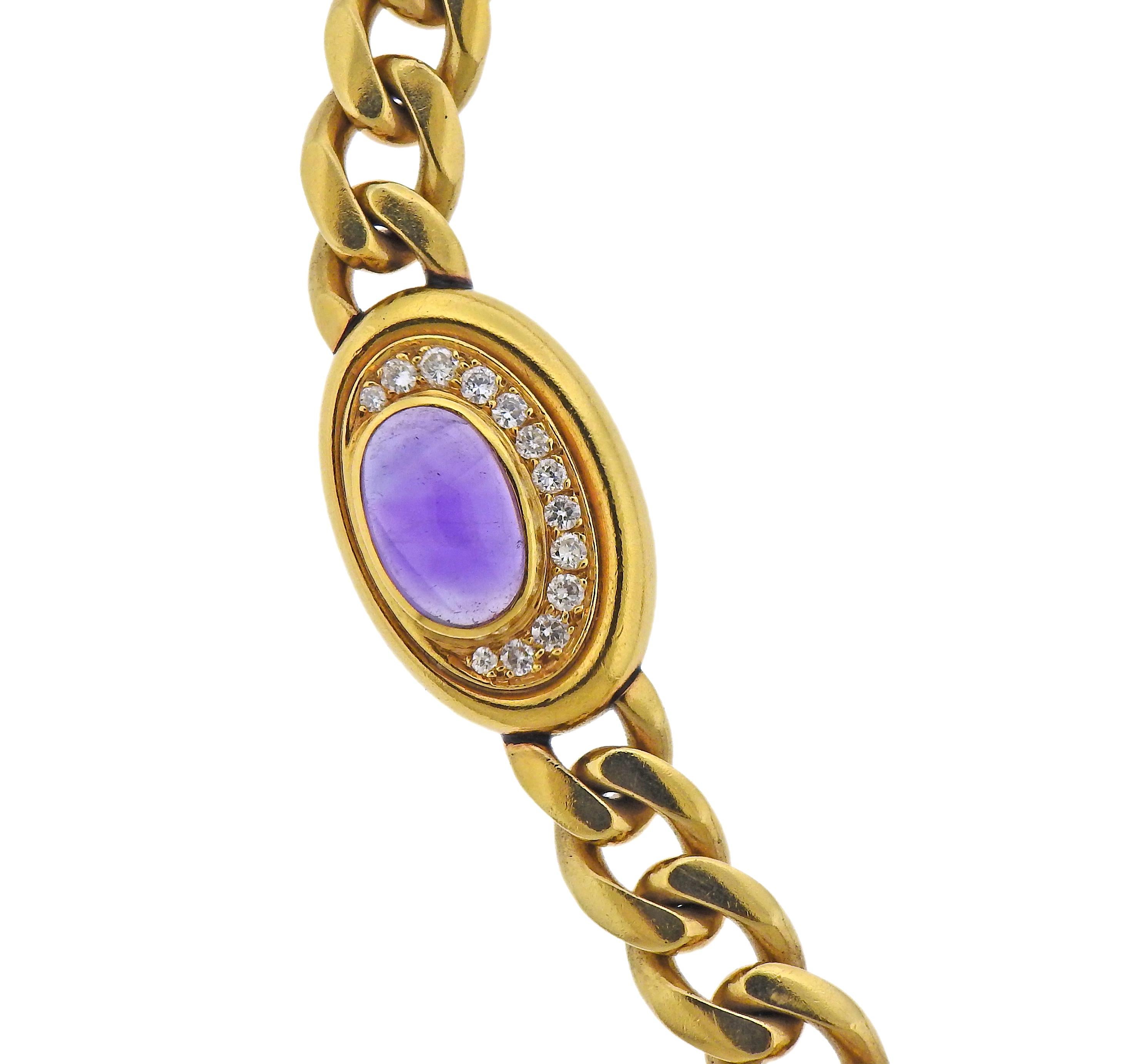 Vintage Bvlgari chain necklace with three station pendants, each set with amethyst and sapphire cabochon surrounded with diamonds (total approx. 2.50ctw). Necklace is 14.25