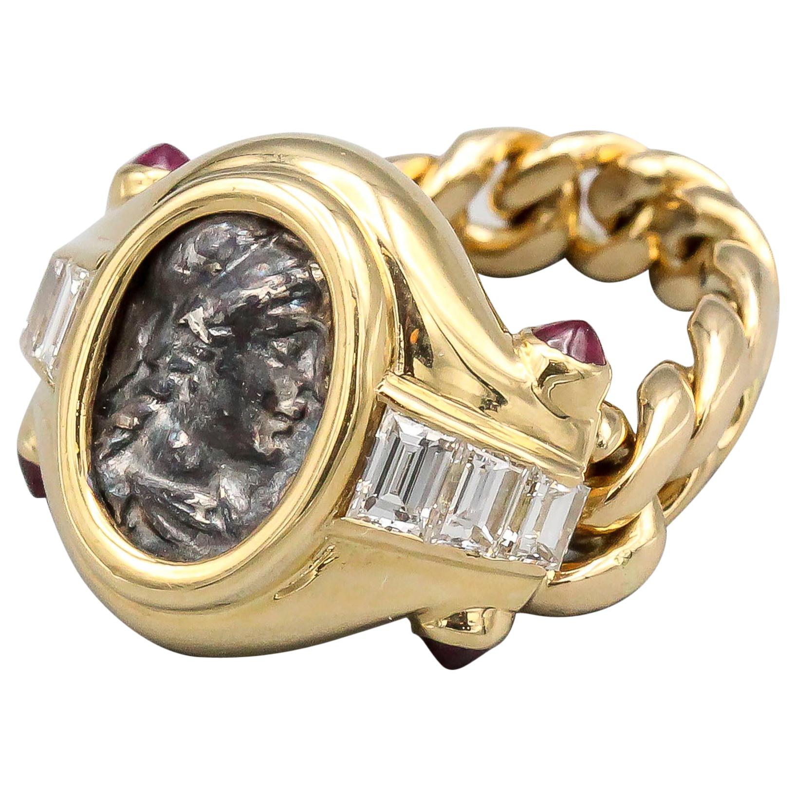 Bulgari Ancient Coin Diamond Ruby 18 Karat Gold Flexible Ring