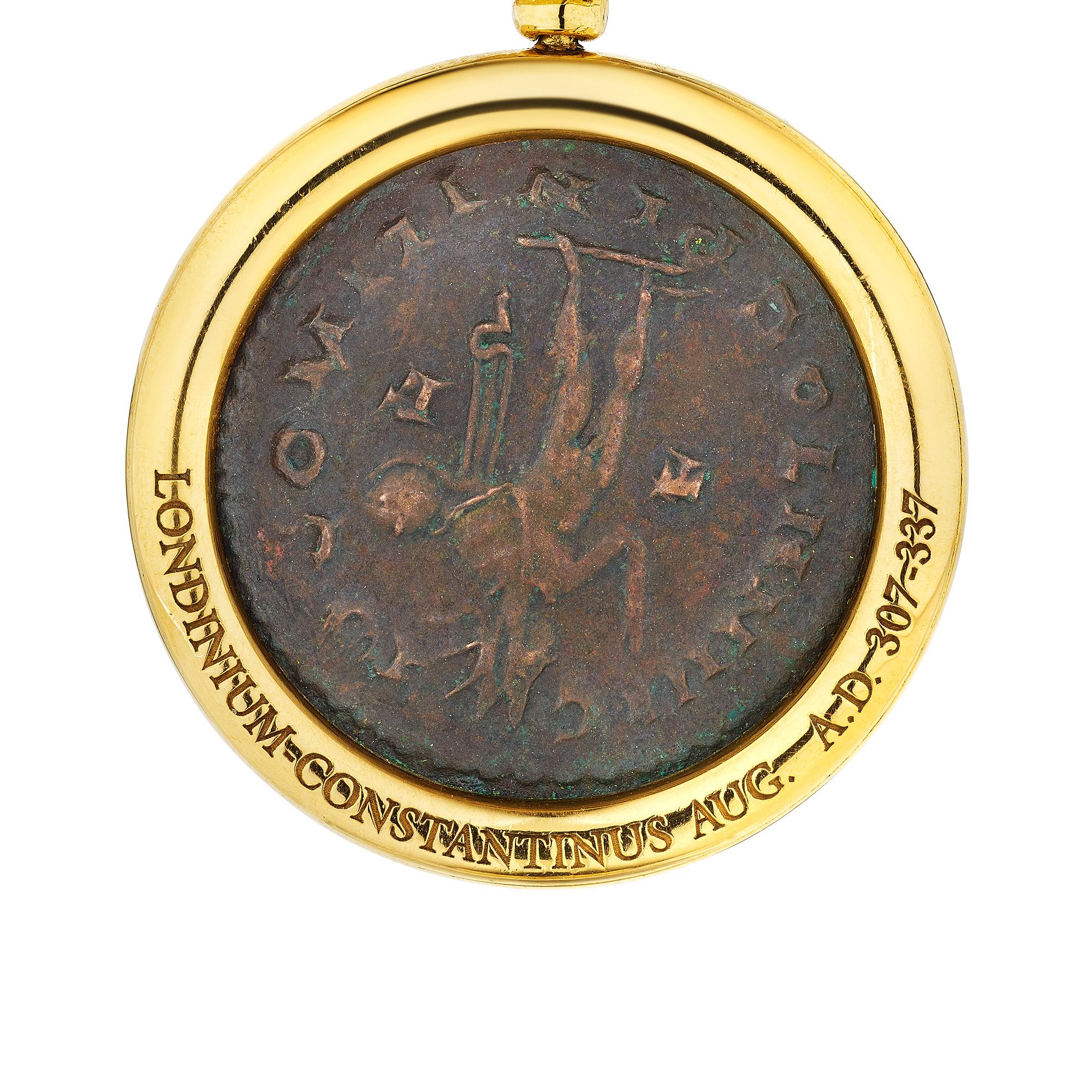 Tied to the past.  This timeless Bulgari ancient coin, 18 karat yellow gold, and black leather cord modernist pendant necklace exudes a sense of important history combined with chic modern style.  Signed Bulgari.  Coin frame engraved