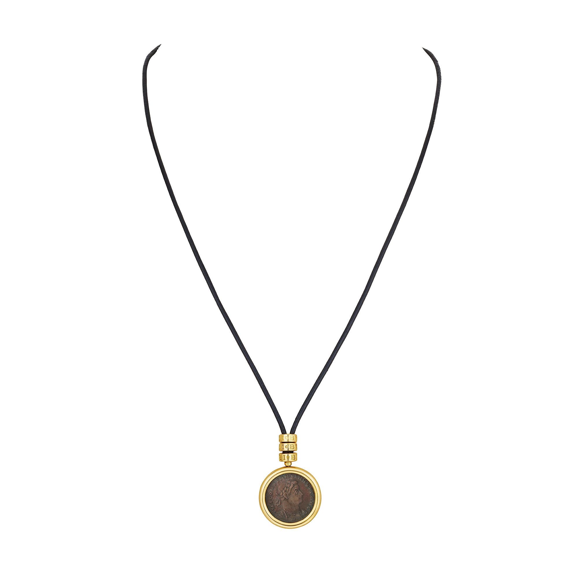 Women's or Men's Bulgari Ancient Coin Gold Leather Cord Modernist Pendant Necklace For Sale