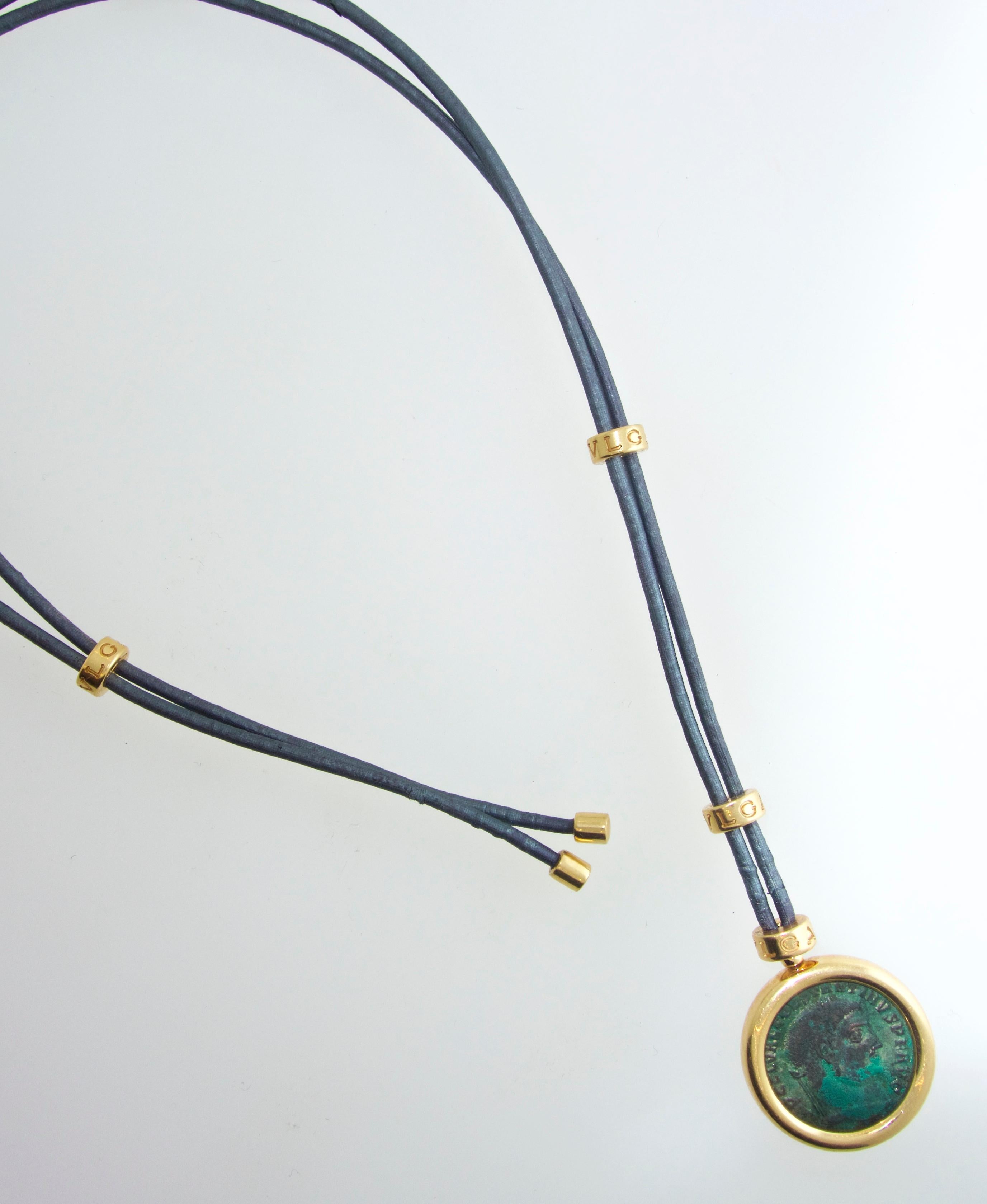 This Bulgari necklace centers an ancient coin  in fine condition and in an 18K gold bezel which is inscribed by Bulgari with the coin's description: Nicomedia-Constantinas Aug. AD 307-337.   This necklace is by the famous Italian house Bulgari and