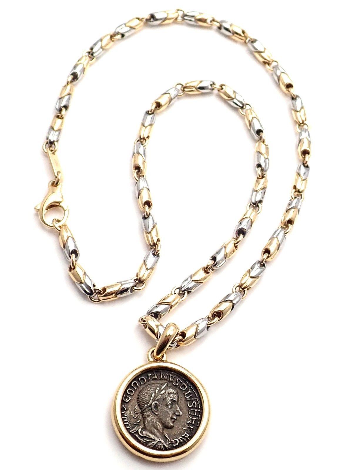 18k yellow gold and white gold ancient Roman coin, link chain necklace by Bulgari.
With 1 Ancient Coin Roma Gordianus Aug A.D. 238-244 31mm x 21mm 
Details:
Chain: 16