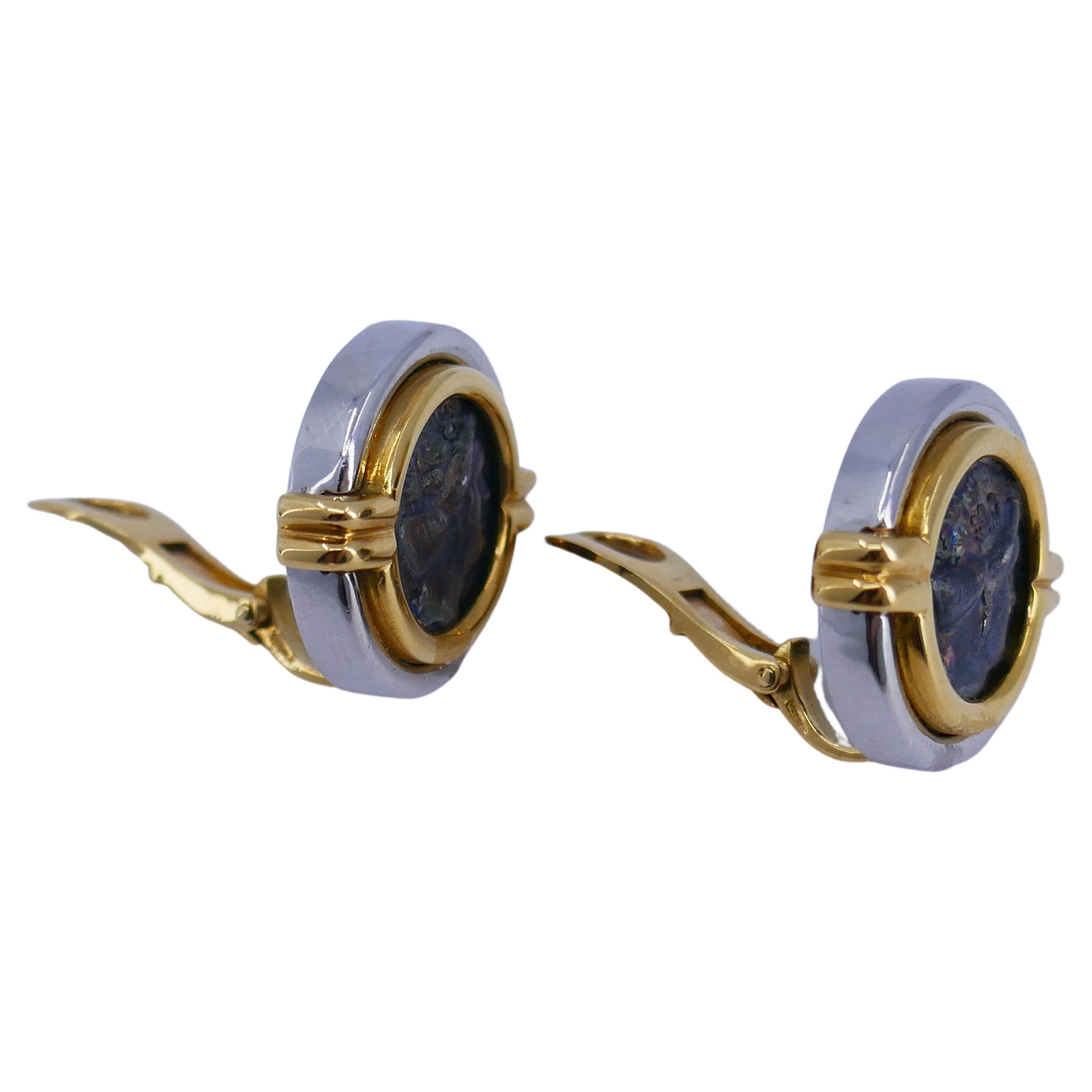 Bulgari Ancient Coin Platinum Gold Earrings In Excellent Condition For Sale In Beverly Hills, CA