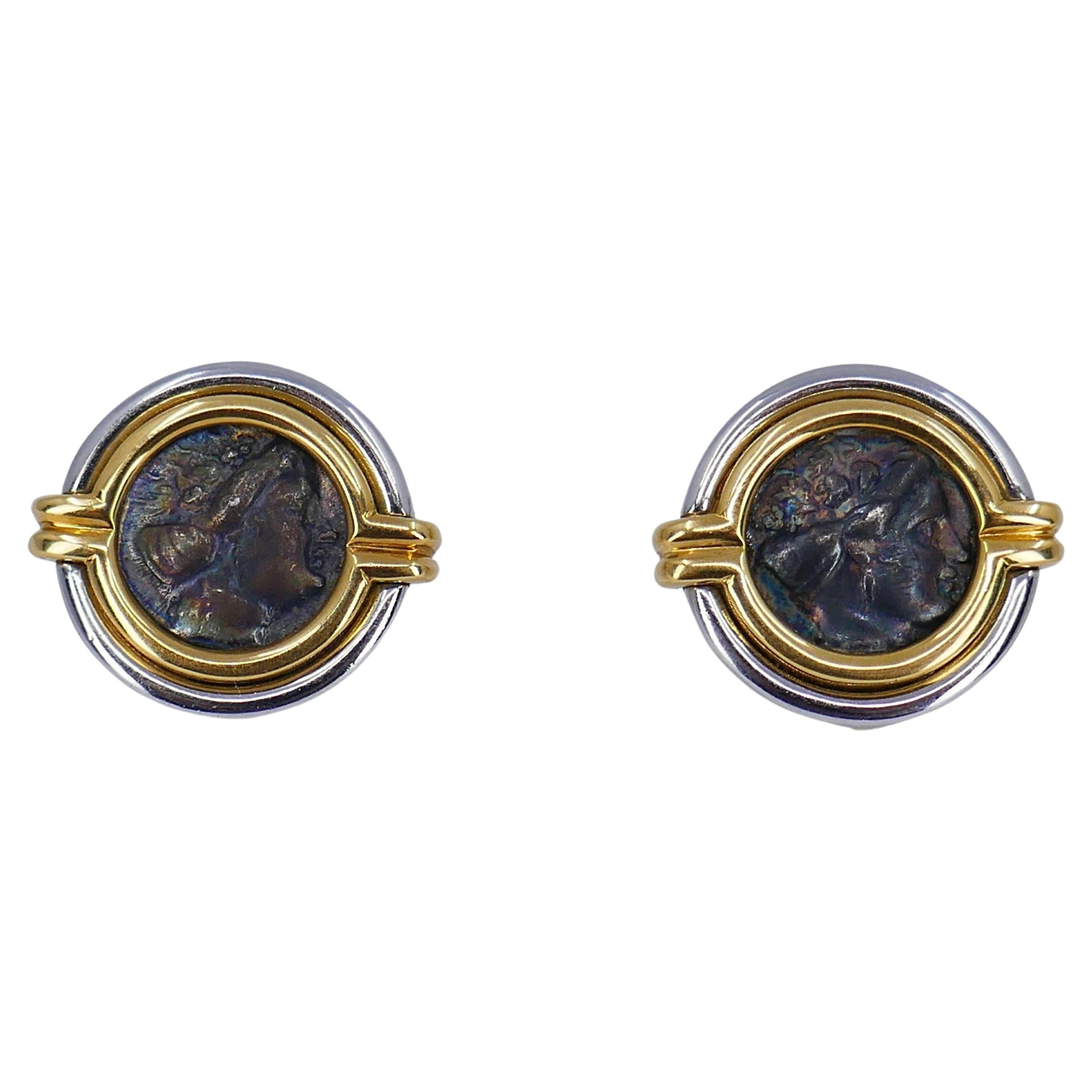 Bulgari Ohrringe aus Platin und Gold mit antiker Münze im Angebot