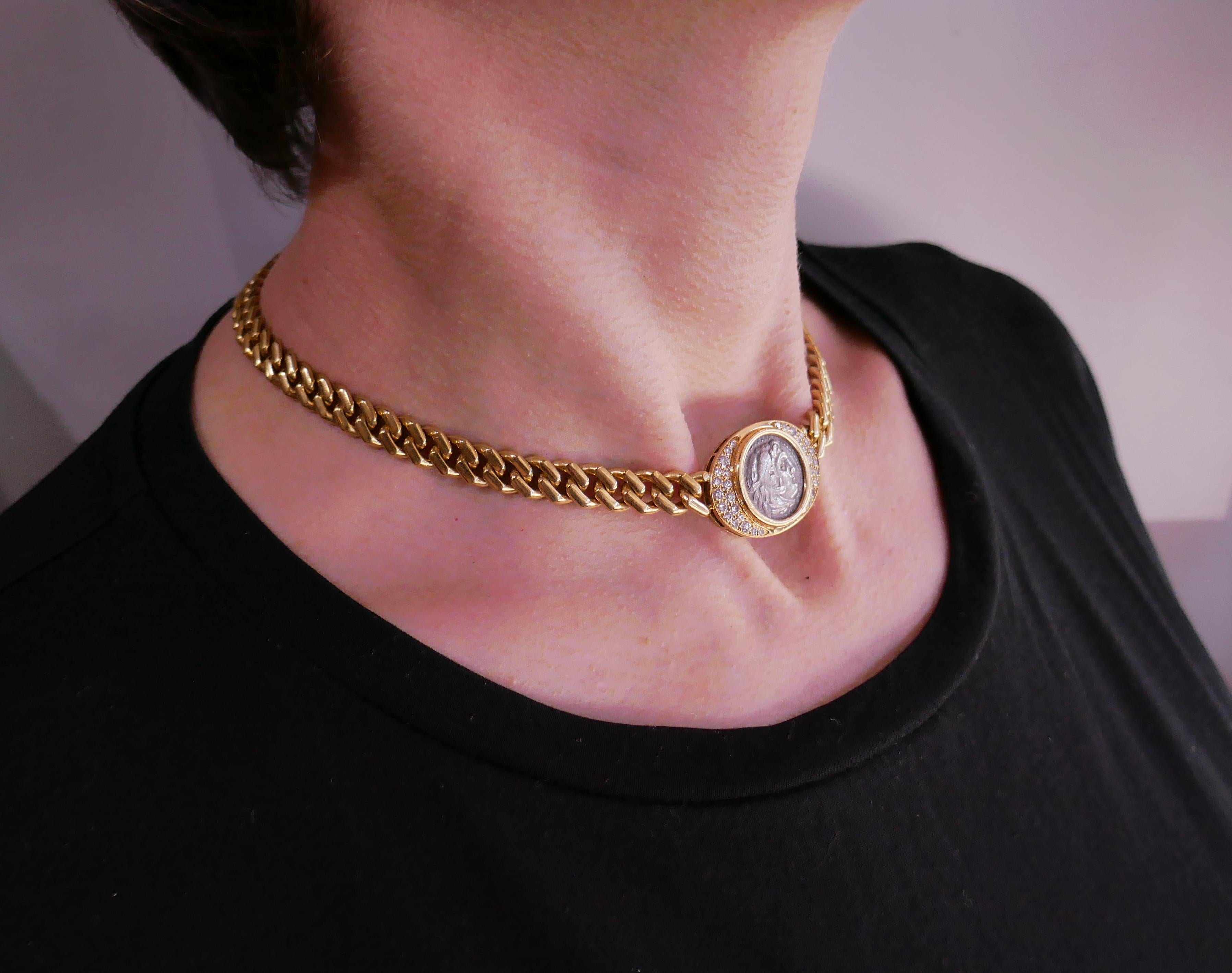 Bulgari Ancient Coin Yellow Gold Chain Necklace with Diamond Bvlgari In Excellent Condition In Beverly Hills, CA