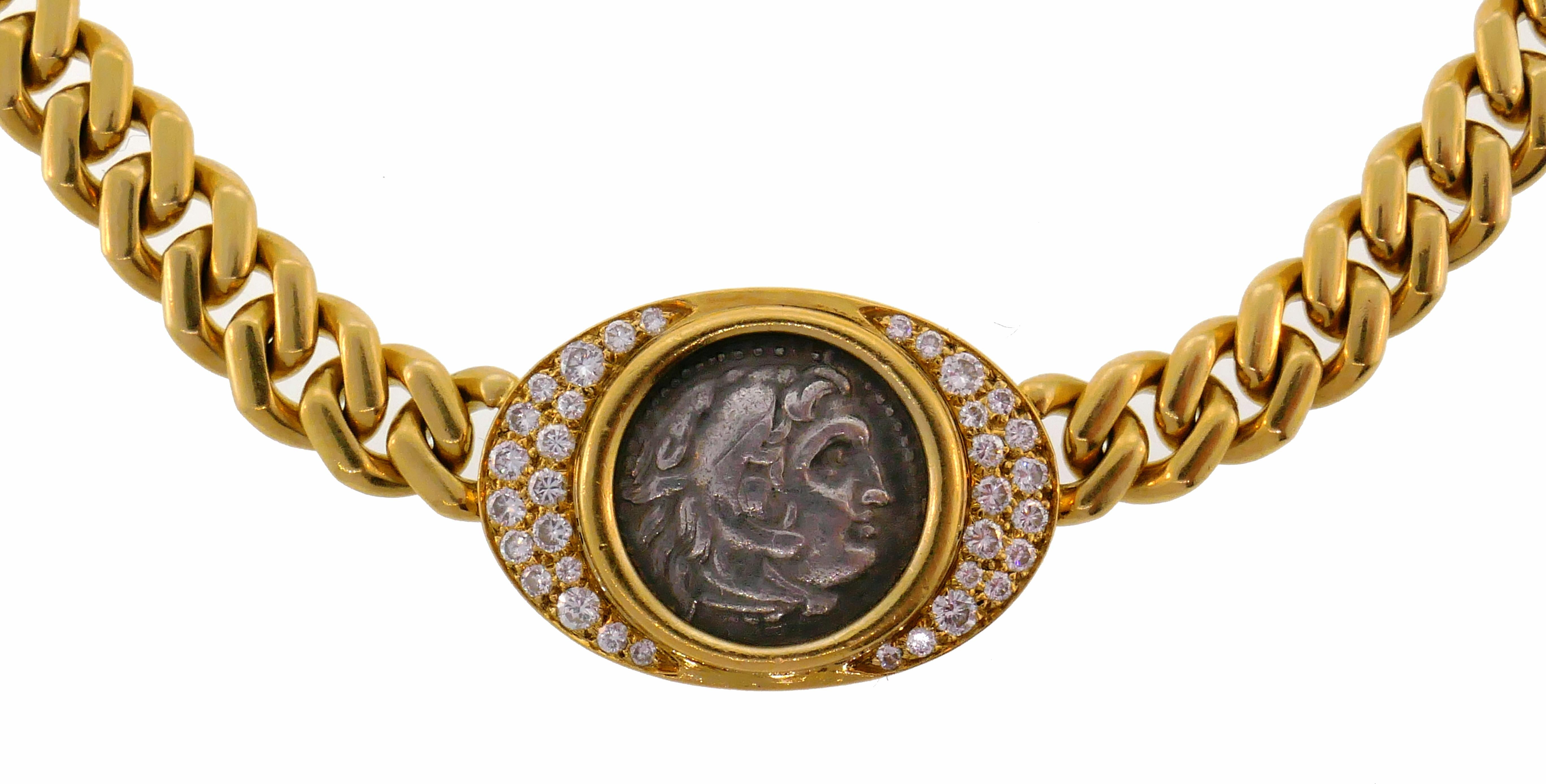 Women's Bulgari Ancient Coin Yellow Gold Chain Necklace with Diamond Bvlgari