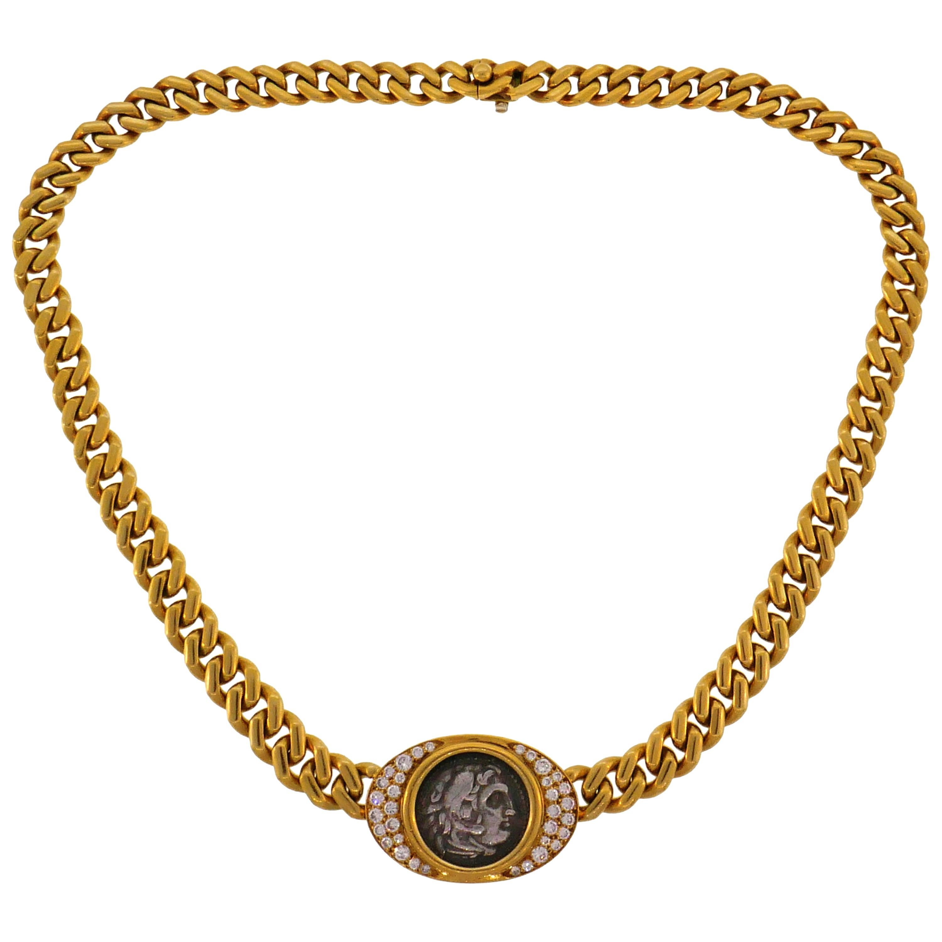 Bulgari Ancient Coin Yellow Gold Chain Necklace with Diamond Bvlgari