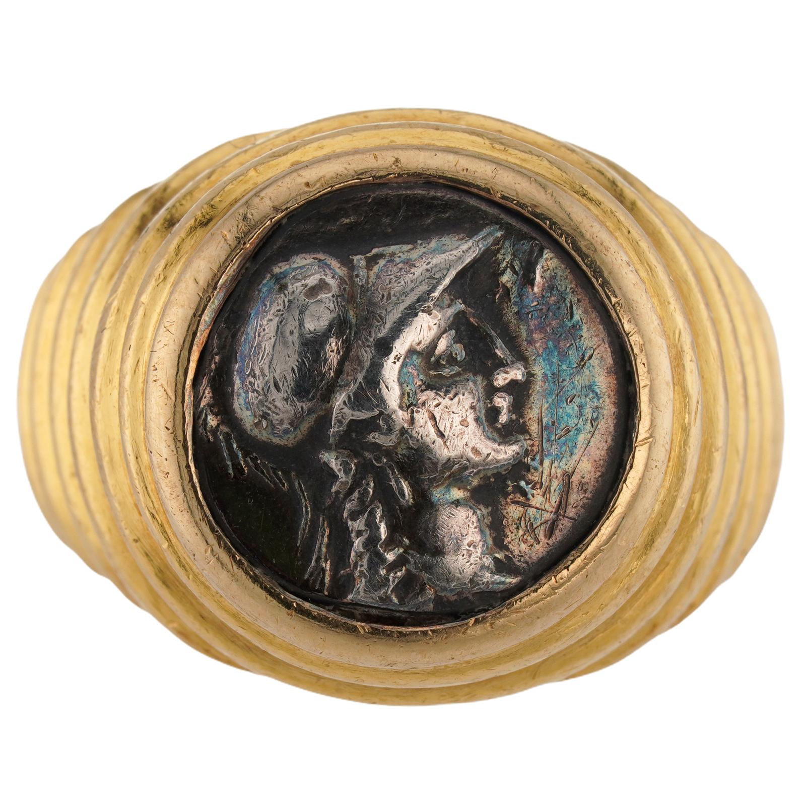 da uomo o donna Anello BULGARI Moneta Greca Antica Imperial Silver in oro giallo 18k in vendita