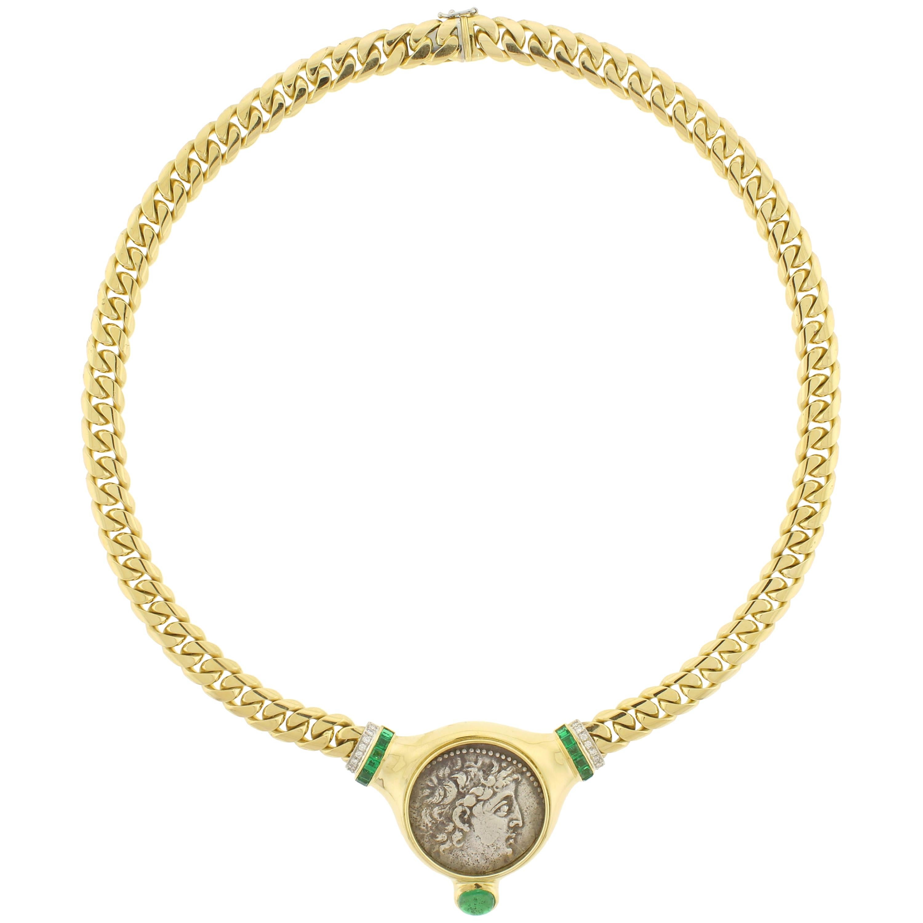 Bulgari Ancient Phoenicia Coin, Emerald and Diamond Necklace