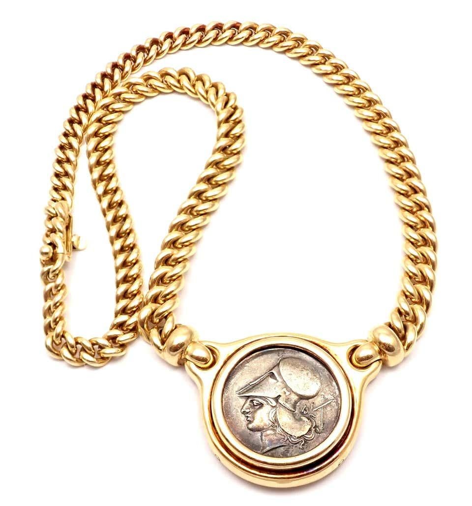 Women's or Men's Bulgari Ancient Silver Coin Yellow Gold Link Necklace