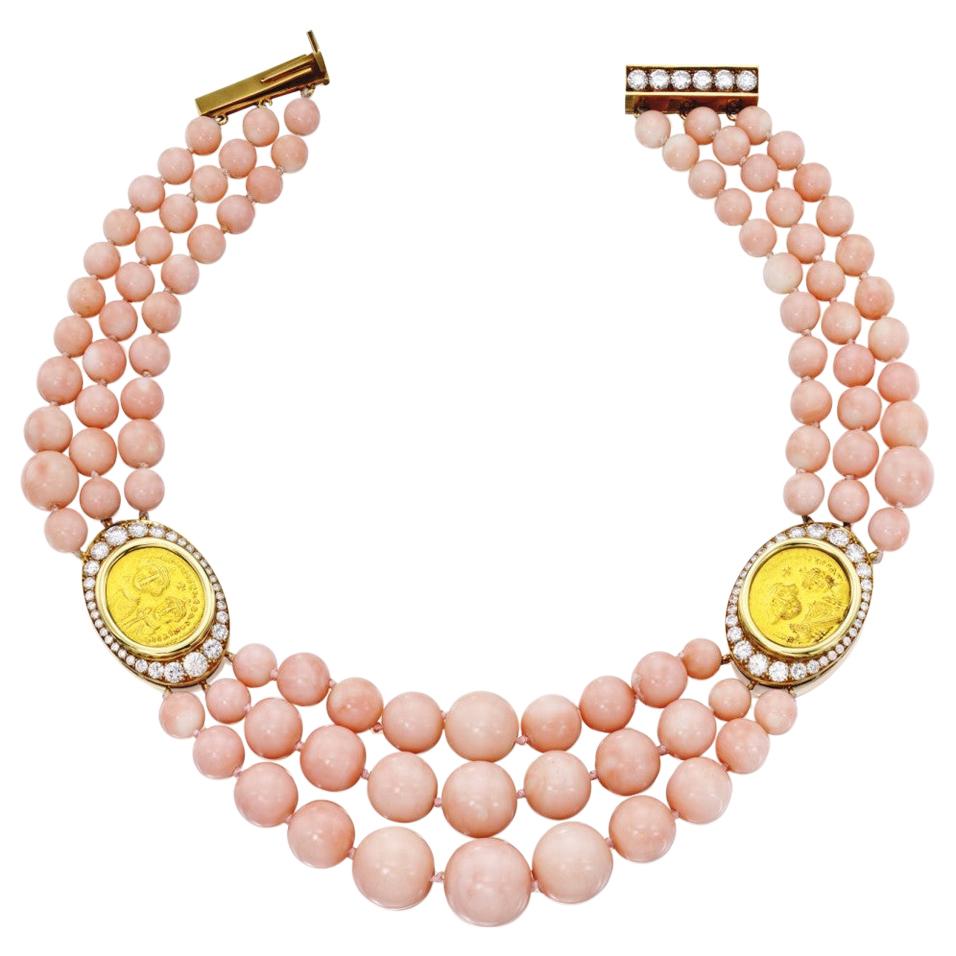Bulgari Angel Skin Coral, Diamond, and Gold Coin Necklace For Sale