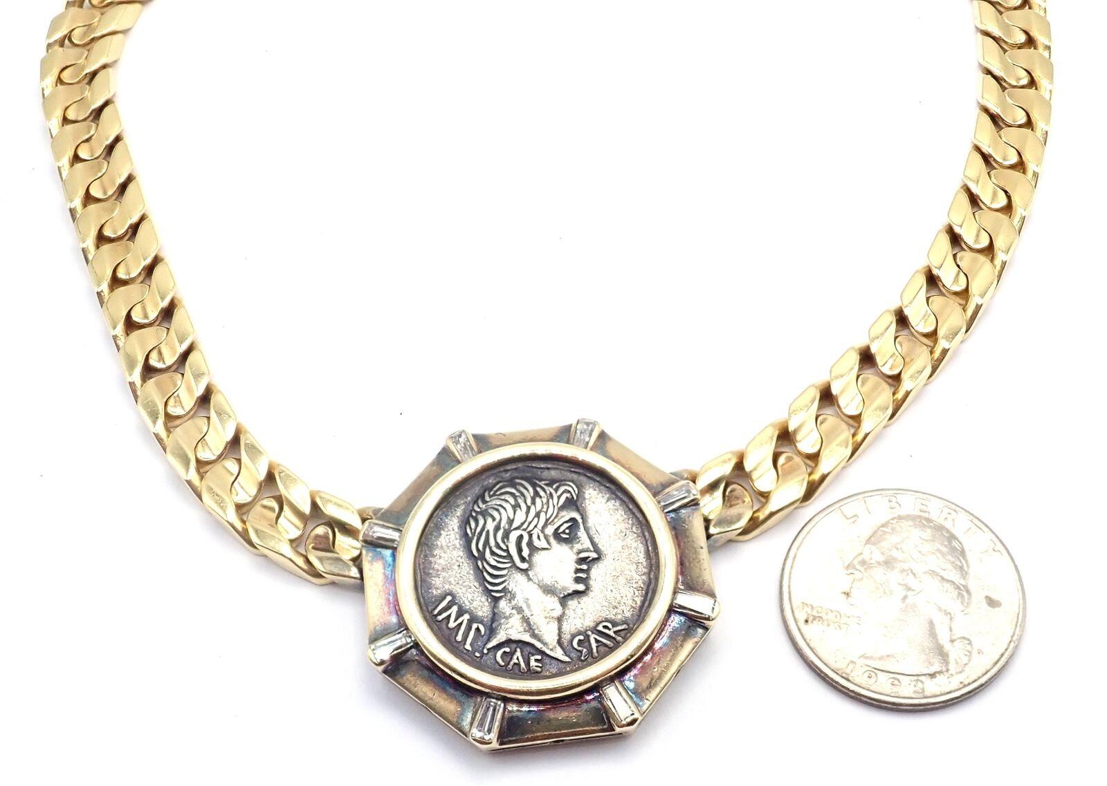 Baguette Cut Bulgari Antique Coin Monete Diamond Yellow Gold Link Chain Necklace For Sale