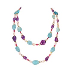 Bulgari Aquamarine Amethyst Rock Crystal Pearl Diamond Gold 50" Vintage Necklace