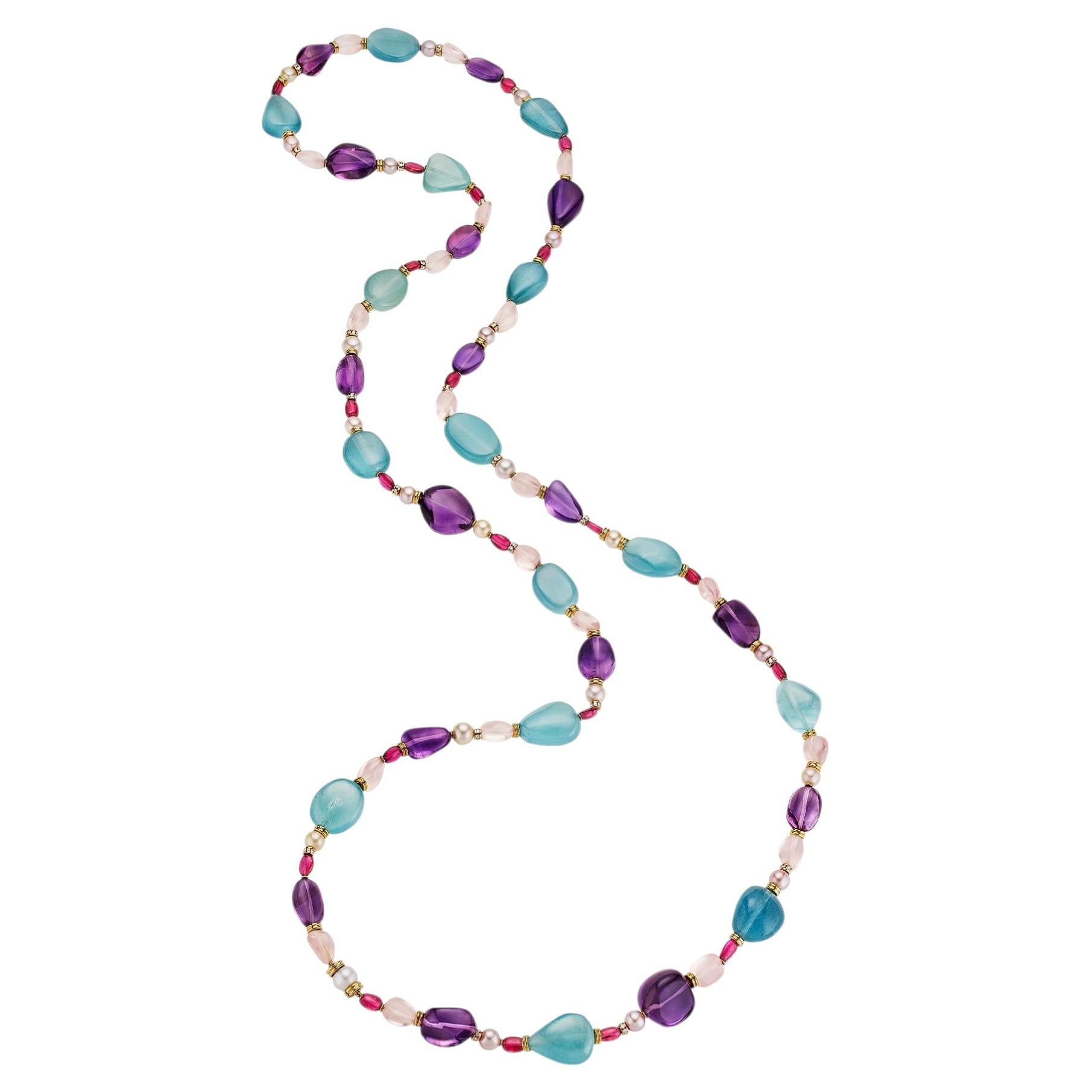 Bulgari Aquamarine Amethyst Rock Crystal Pearl Diamond Gold 50" Vintage Necklace