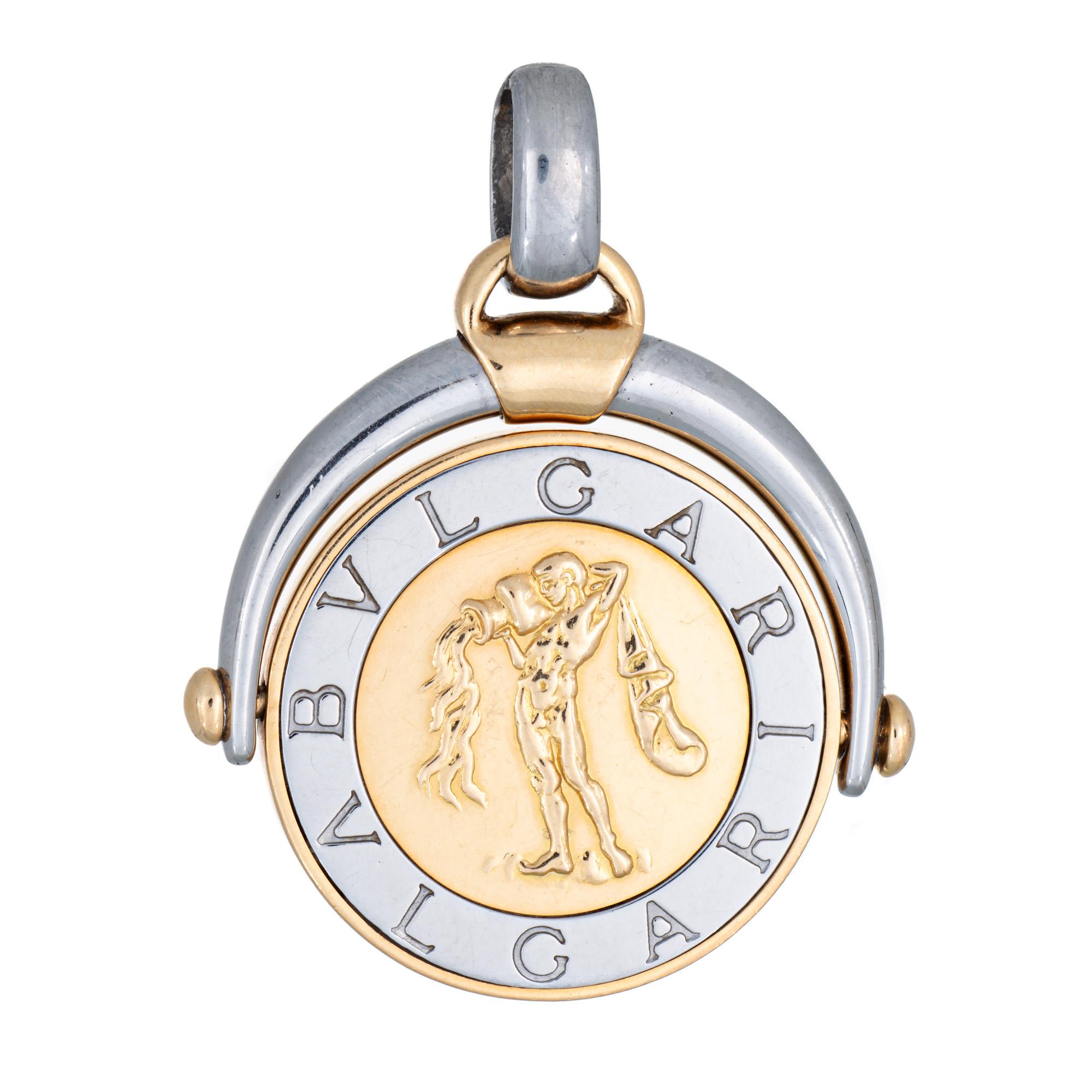 Moderne Bulgari Aquarius Pendentif Spinner Vintage 18k Gold Steel Fine Zodiac Jewelry Flip en vente