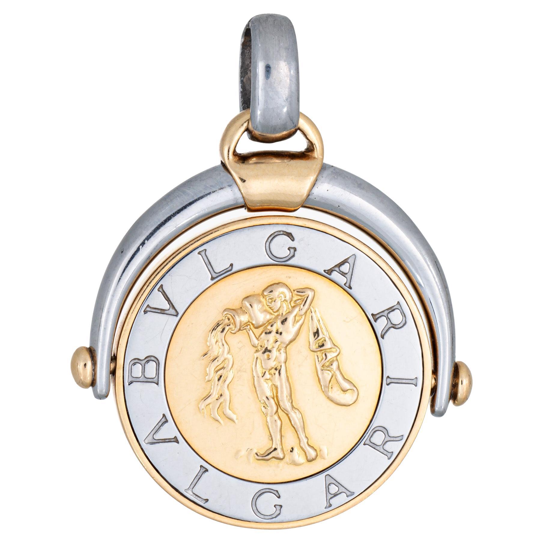 Bulgari Aquarius Pendentif Spinner Vintage 18k Gold Steel Fine Zodiac Jewelry Flip en vente