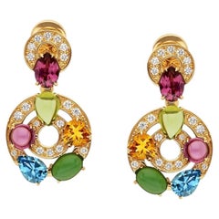 BULGARI Astrale 18k Gold Vintage Drop Earrings with Diamonds & Colored Stones