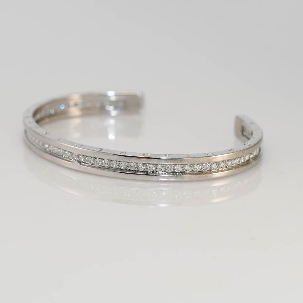 18k white gold and diamond Bulgari  B Zero bangle bracelet.
Stamped 750 Italy 2331 and weighs 20.2 grams.
Bulgari  is engraved on each side of the bangle.
The diamonds are round brilliant cuts, 1.51 total carats, G color, Vs clarity.
The bangle