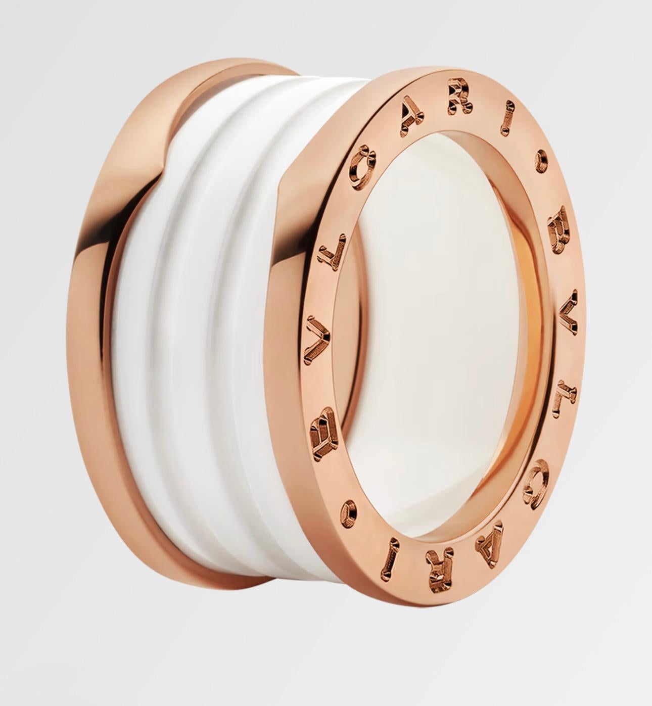 Bulgari B Zero Wide Four- Band , 18 Karat Rose Gold Loops White Eternity Band In Excellent Condition For Sale In New York, NY