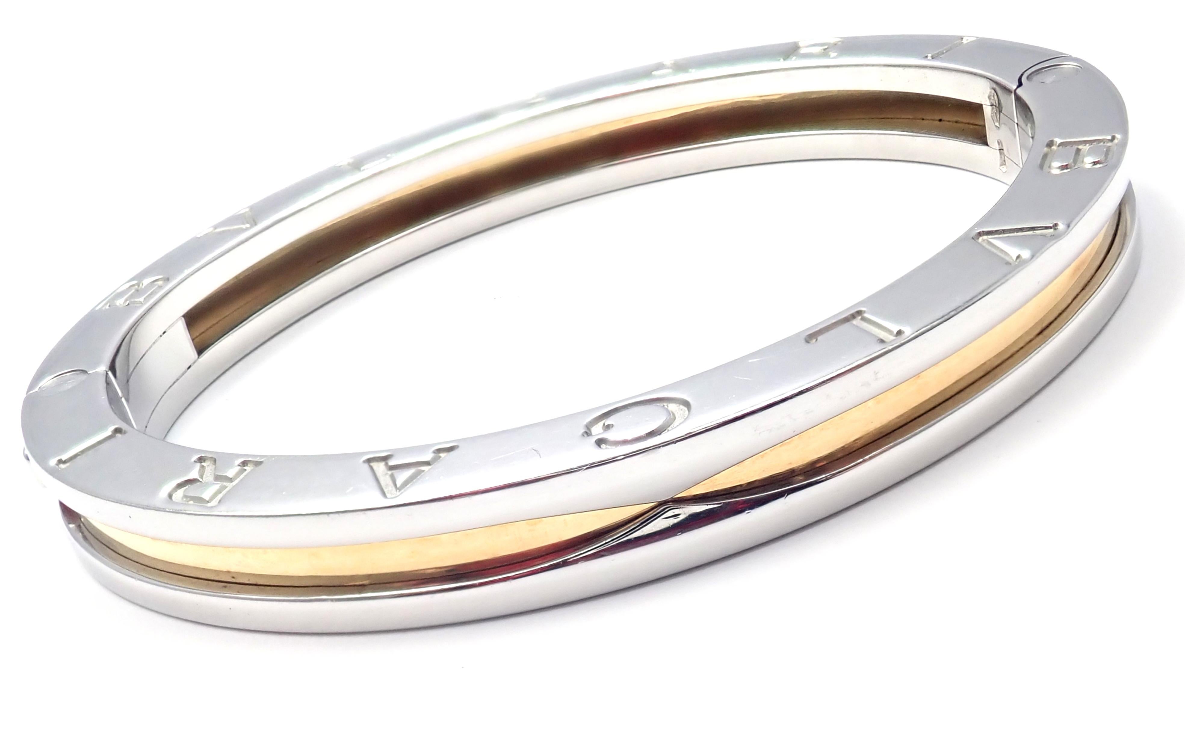 18k Yellow Gold And Stainless Steel B-Zero Bangle Bracelet by Bulgari.
This bracelet is size small.
Details: 
Length: fits from 6.26