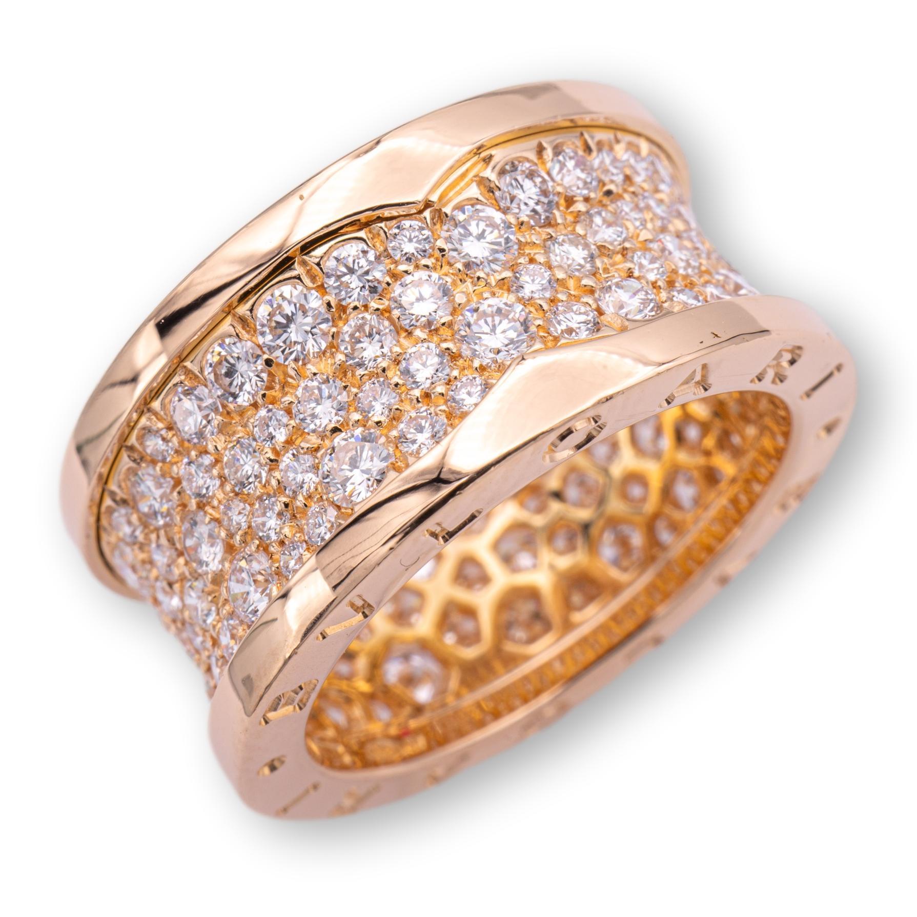 Bulgari B-Zero1 18K Rose Gold Pave Diamond Band Ring In Excellent Condition In New York, NY