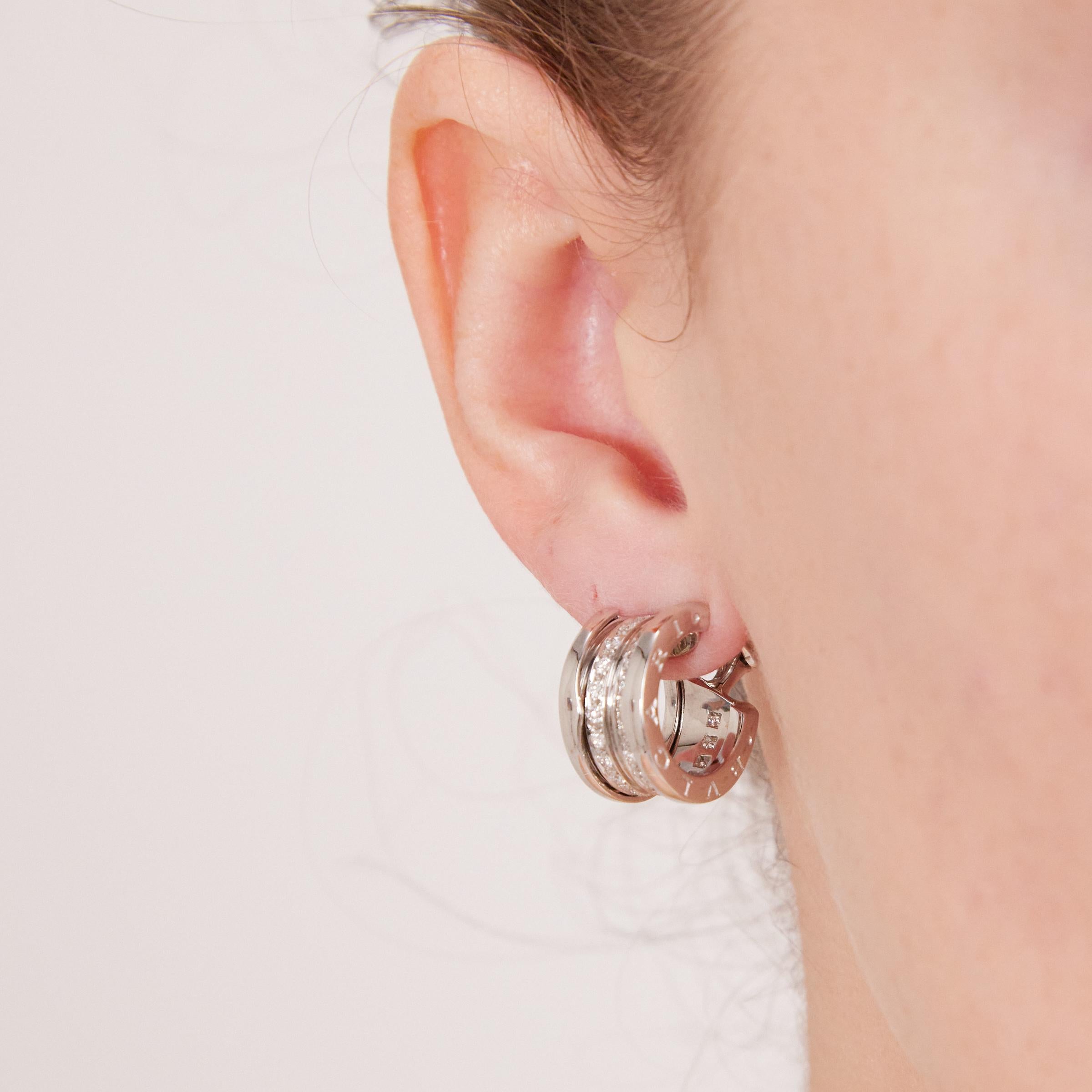 Bulgari B Zero1 Diamond Hoop Earrings in 18K White Gold   In Excellent Condition In Dallas, TX