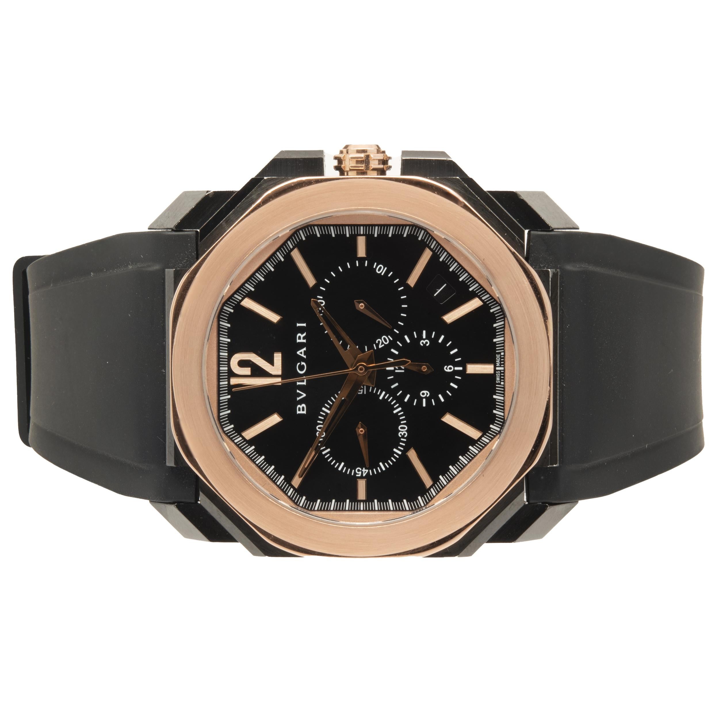 Movement: automatic
Function: hours, minutes, seconds, date, chronograph
Case: 41mm octagonal case, smooth 18K rose gold Bulgari bezel, sapphire crystal
Band: Bulgari black rubber strap, buckle
Dial: black chronograph, arabic/stick numerals
Serial
