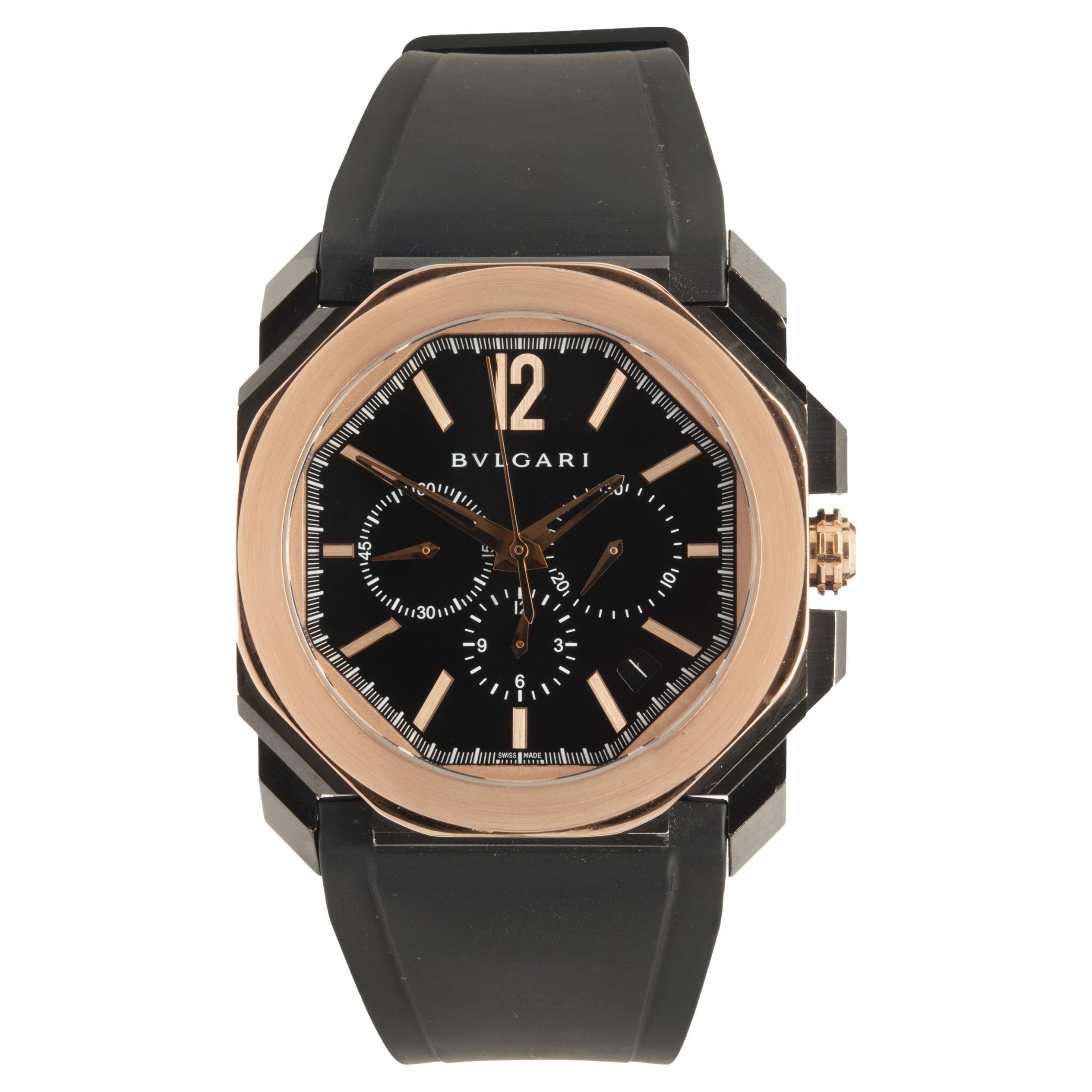 Bulgari Montre chronographe octogonale en céramique noire et or rose 18 carats