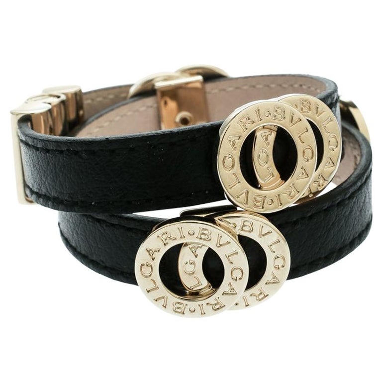 Bulgari Black Leather Wrap Bracelet with Gold Tone Accents at 1stDibs