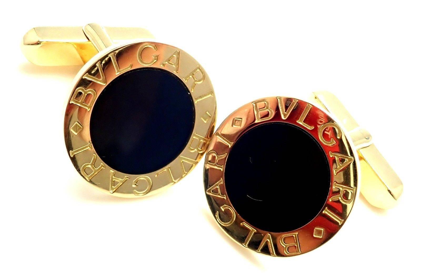 18k Yellow Gold Black Onyx Cufflinks by Bulgari. 
With 2 Black Onyx stones.
Details: 
Measurements: 17mm x 18mm x 20mm
Weight: 14.3 grams
Stamped Hallmarks: Bulgari, 750, 2337AL
*Free Shipping within the United States*
YOUR PRICE: $2,800
T1824mmld
