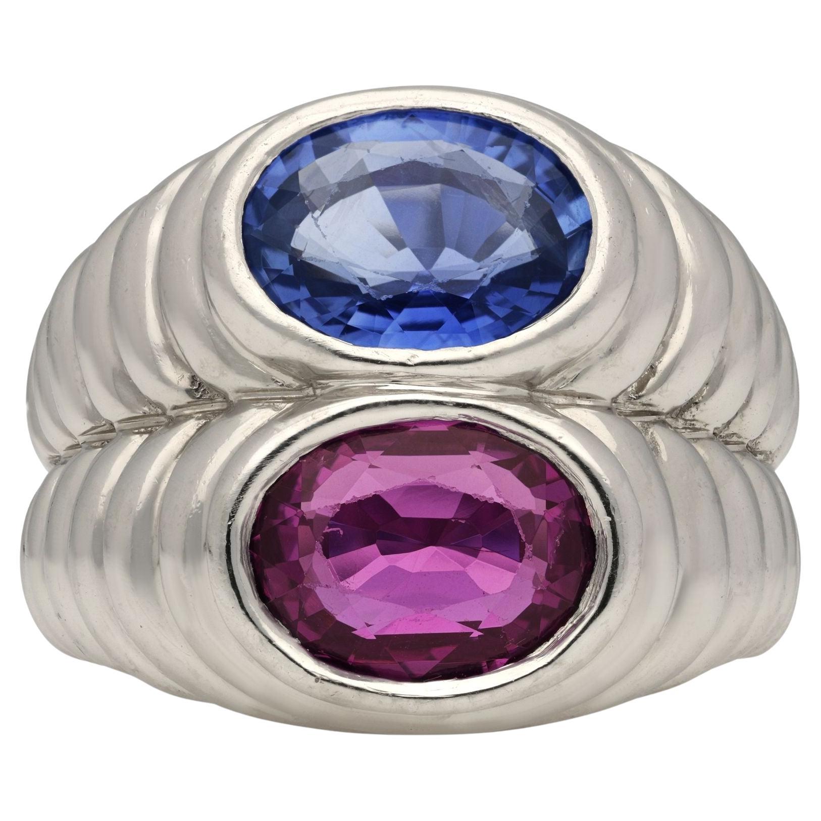 Bulgari Bague Doppio en platine bleu et saphir rose fantaisie Circa 1980