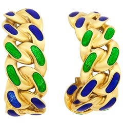 Bulgari Blue Green Enamel Gold Link Earrings