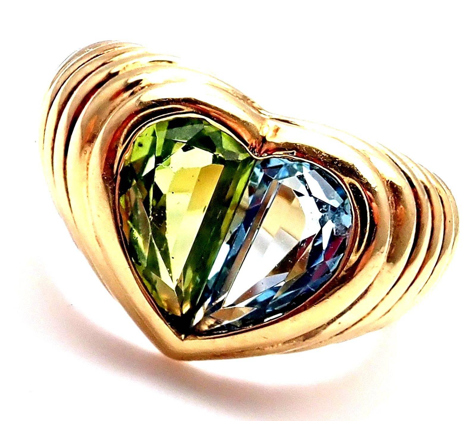 Bulgari Blue Topaz and Peridot Yellow Gold Heart Ring 2