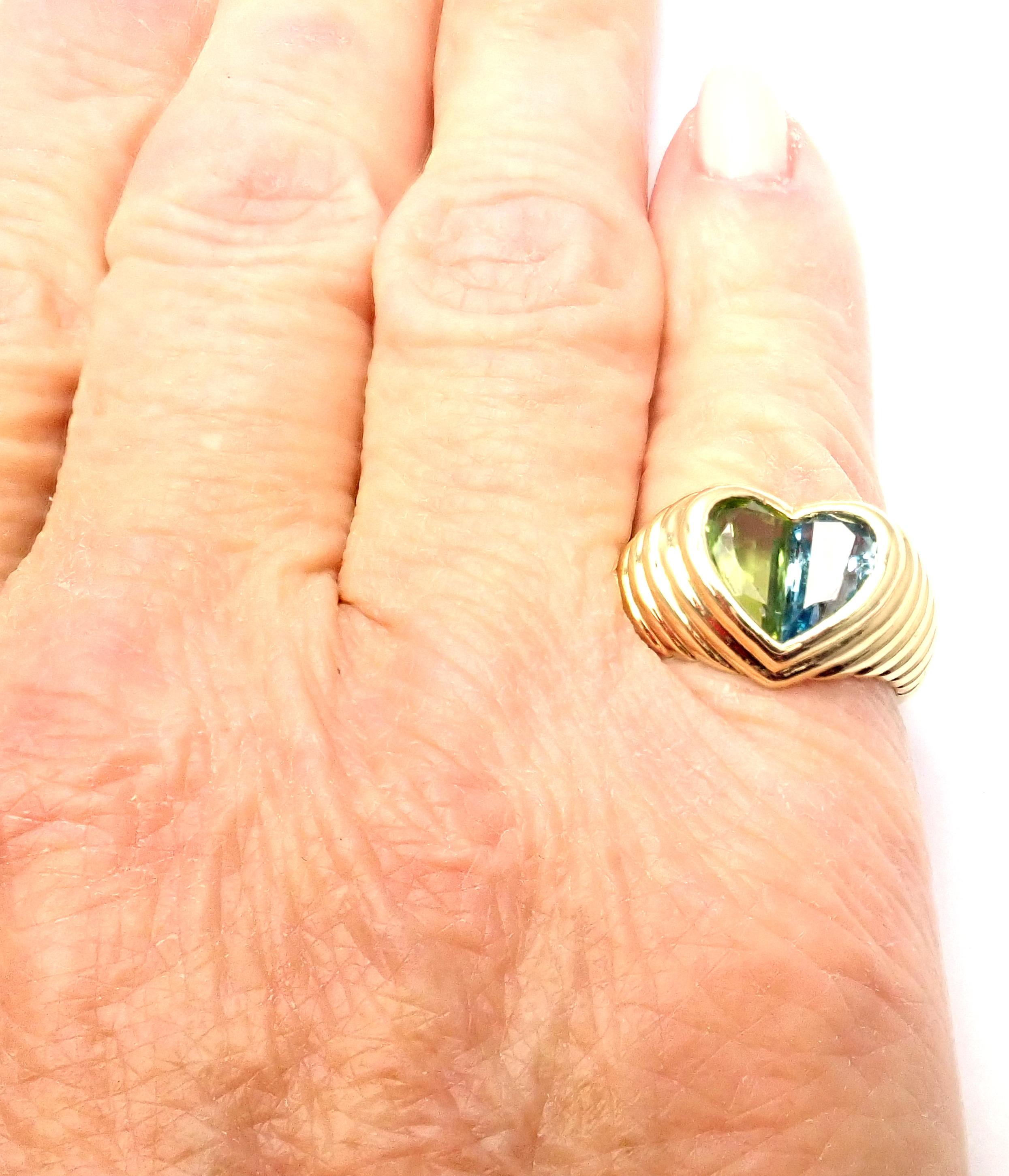 Bulgari Blue Topaz and Peridot Yellow Gold Heart Ring In Excellent Condition In Holland, PA