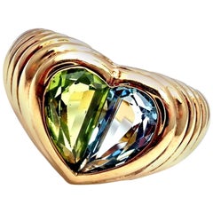 Bulgari Blue Topaz and Peridot Yellow Gold Heart Ring