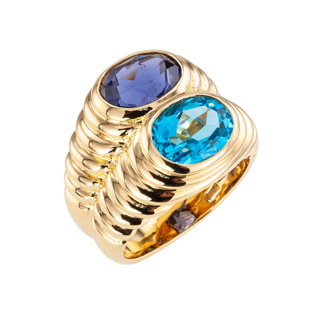 Bulgari blue topaz iolite and yellow gold double stone ring circa 1990.  Clear and concise information you want to know is listed below.  Contact us right away if you have additional questions.  We are here to connect you with beautiful and